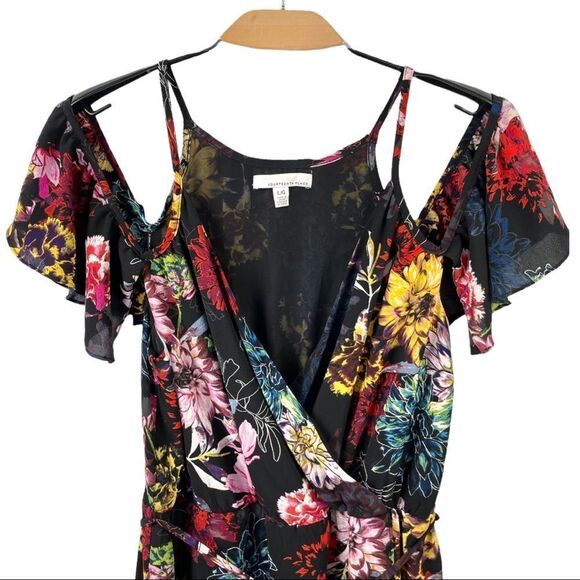 Fourteenth Place Black Floral Wrap Front Midi Dress Size L - Picture 4 of 7